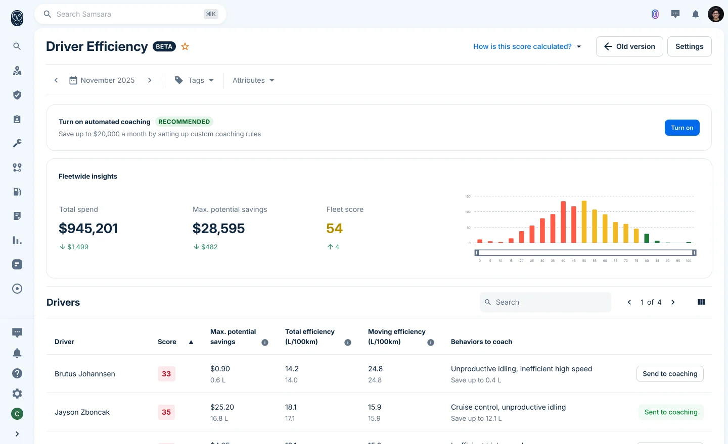 Samsara dashboard featuring a page on driver efficiency