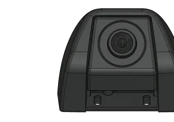 Black compact security camera with a circular lens, shown in a 3D rendered front-facing view on a white background.