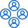 Four blue circular user profile icons arranged in a diamond pattern, representing a group or team.