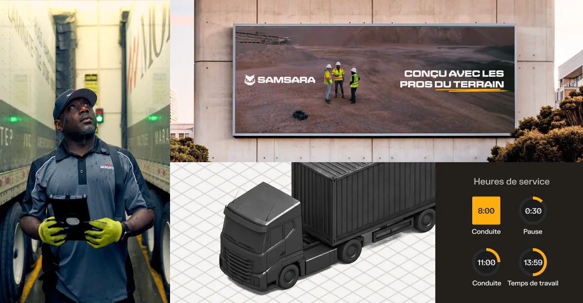 Un collage montrant un employé d'entrepôt tenant un appareil portable et un panneau publicitaire