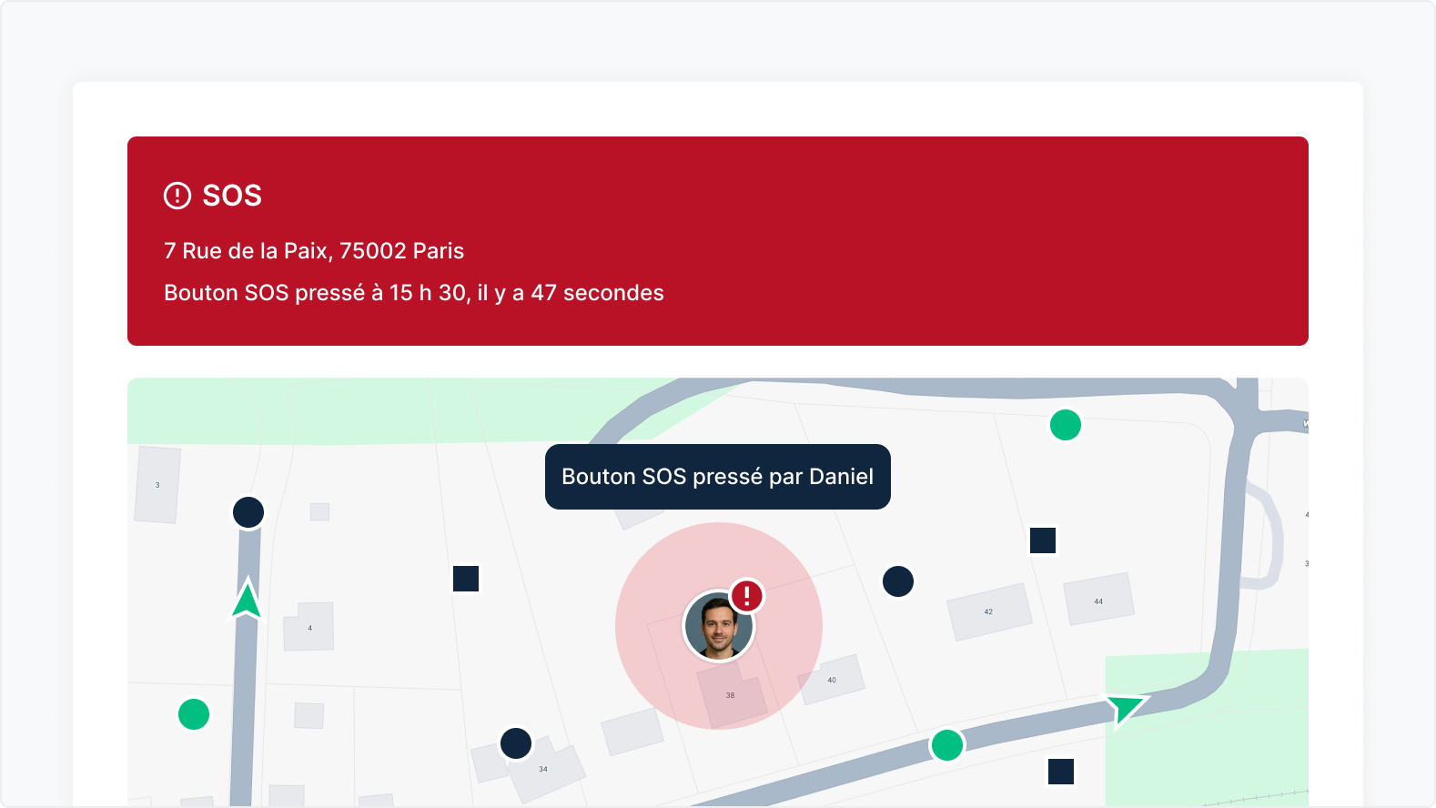 Alerte SOS sur une carte indiquant l’emplacement à Pine Cone Rd, Helena, MT et notification d’un bouton SOS pressé récemment.