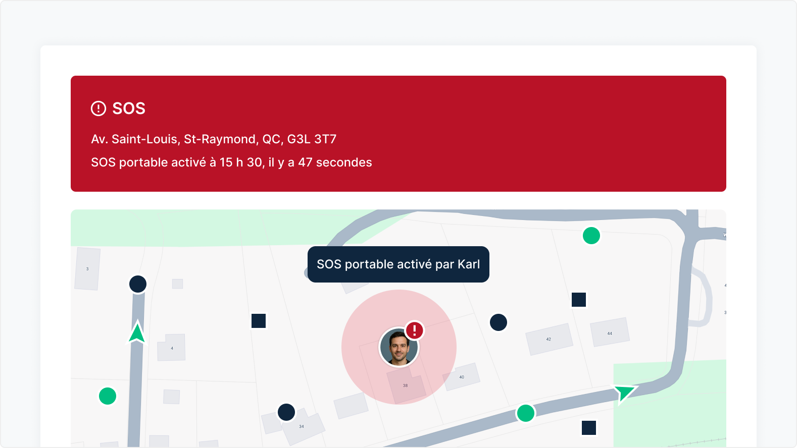 Alerte SOS d'urgence sur une carte montrant le lieu à Pine Cone Rd, Helena, MT avec un dispositif portable récemment activé.