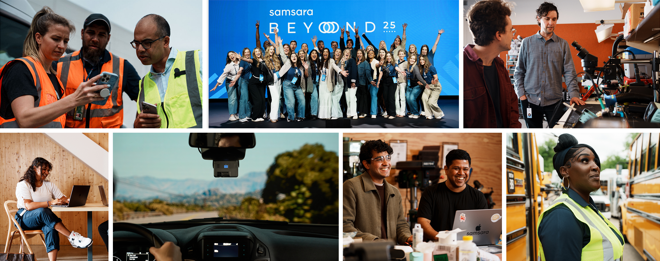 Collage showing Samsara employees in various work settings