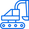 Blauw lijnpictogram van een graafmachine of bulldozer met rupsbanden en een cabine.
