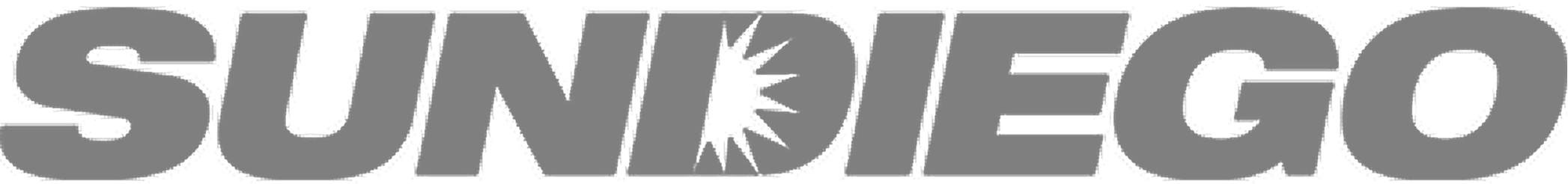 SunDiego logo in bold gray italic letters with a sunburst graphic replacing the letter I.