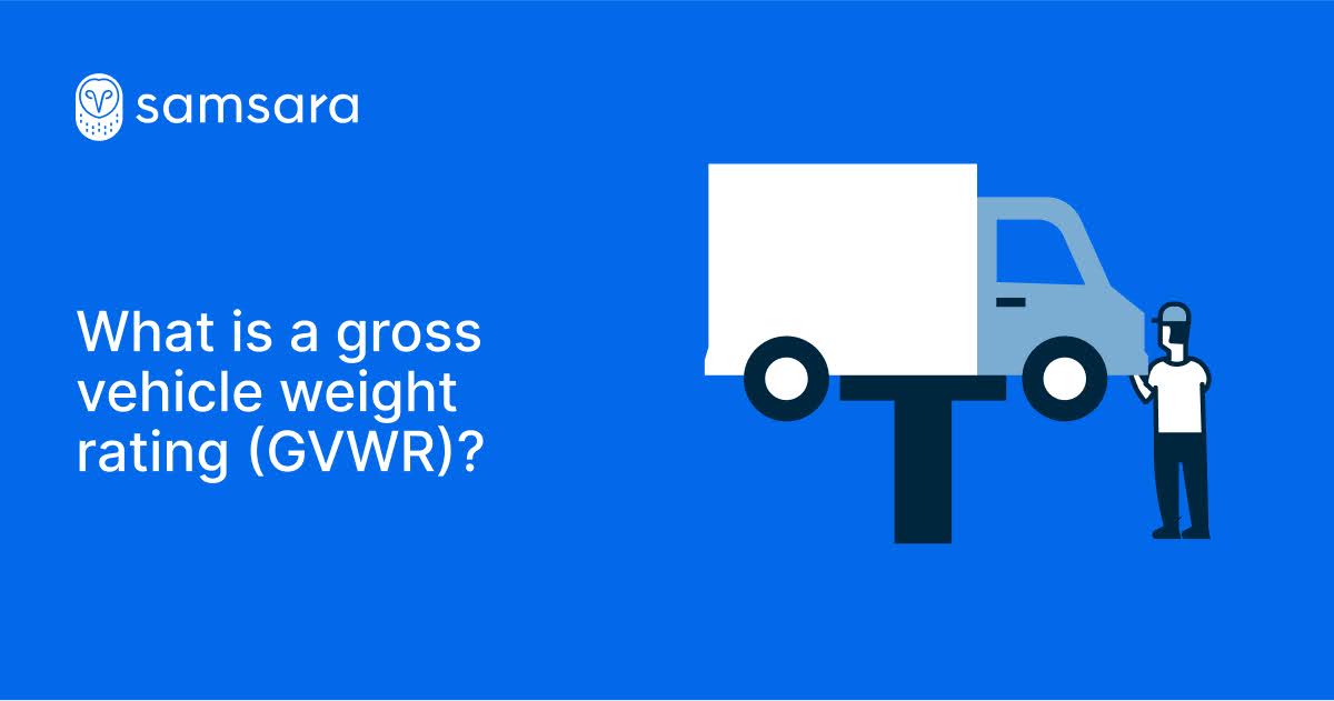 Samsara infographic explaining gross vehicle weight rating (GVWR) with a delivery truck illustration on blue background.