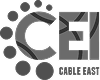 Gray and white Cable East logo with bold letters C, E, I and decorative dots arranged around them.