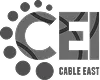 Gray and white Cable East logo with bold letters C, E, I and decorative dots arranged around them.