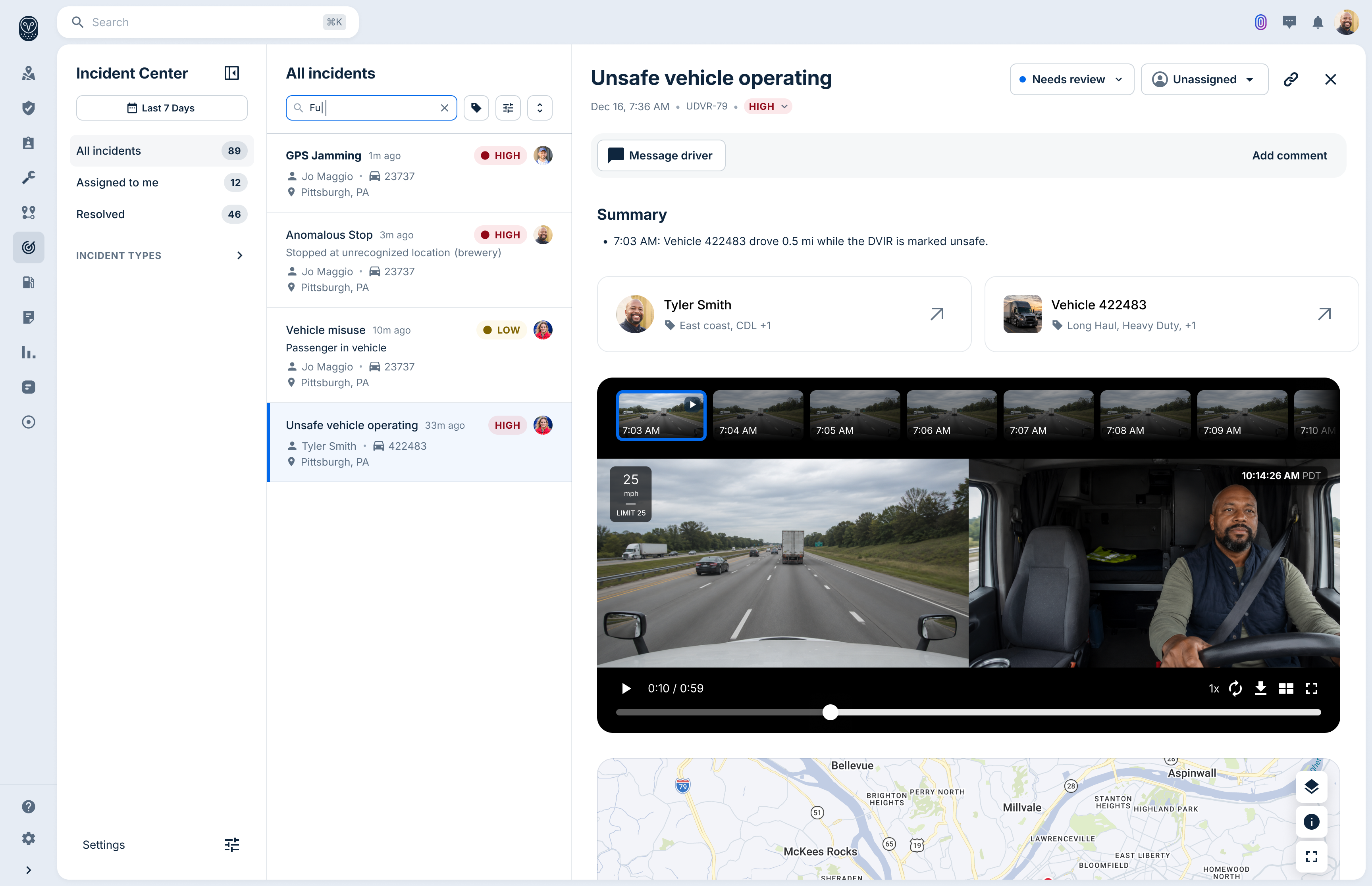 Fleet management dashboard showing an unsafe vehicle operating incident with dashcam footage and driver details.