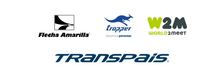 Logotipos de cuatro empresas de transporte: Flecha Amarilla, Pegaso, World2Meet y TransPais en fila horizontal.
