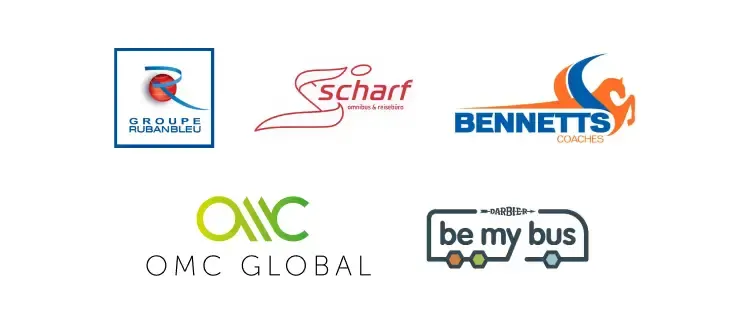 Row of five company logos including Grunce, Scharf, Bennetts, OMC Global, and Be My Bus transportation services.