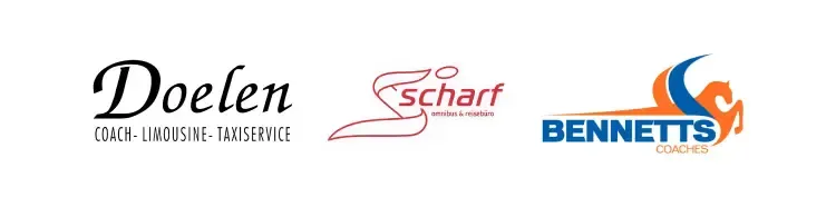 Logo's van drie transportbedrijven: Doelen Coach, Limousine, Tankservice, Schart en Bennetts, naast elkaar geplaatst.
