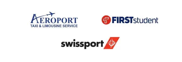 Logos of three transportation companies: Aeroport Taxi & Limousine Service, FIRSTstudent, and Swissport.