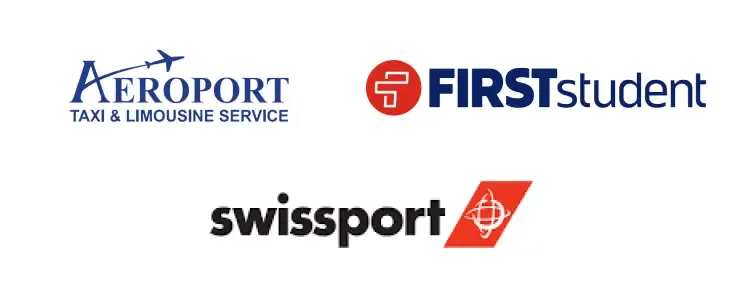 Logos de trois entreprises: Aéroport Taxi & Limousine Service, FIRSTstudent et Swissport sur fond blanc.