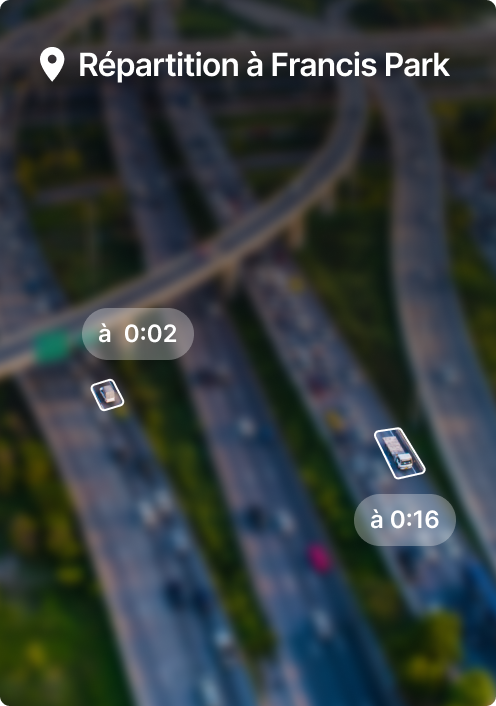 Vue aérienne d'un échangeur autoroutier avec superposition de navigation indiquant « Répartition vers Francis Park 