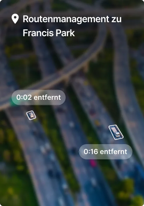 Luftaufnahme von Autobahnkreuz mit Navigations-Overlay, das „Routenplanung zu Francis Park“ und Zeitschätzungen anzeigt.