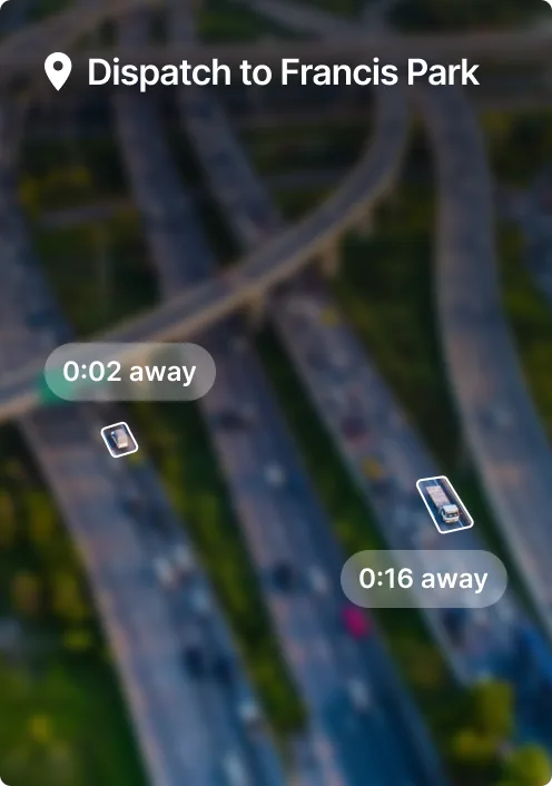 Aerial view of highway interchange with navigation overlay showing "Dispatch to Francis Park" and time estimates.