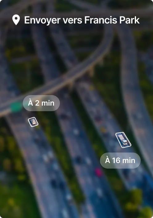 Vue aérienne de l’échangeur routier avec superposition montrant « Répartition vers Francis Park » et estimations de temps.