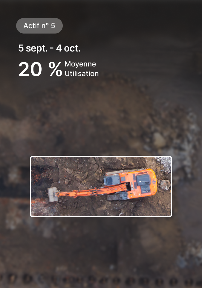 Pelle excavatrice sur chantier avec données de l’actif nº 5 montrant une utilisation moyenne de 20 % du 5/09 au 4/10.