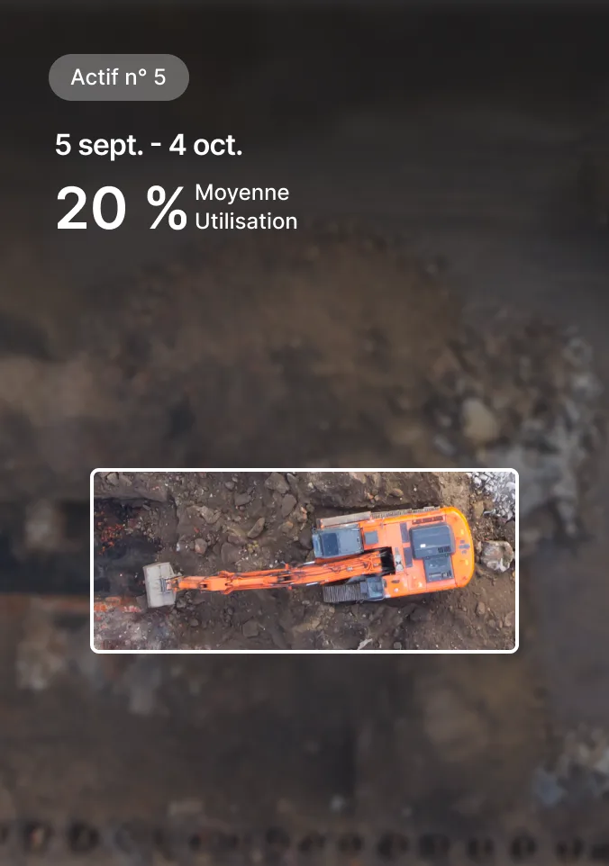 Pelle excavatrice sur chantier avec données de l’actif nº 5 montrant une utilisation moyenne de 20 % du 5/09 au 4/10.