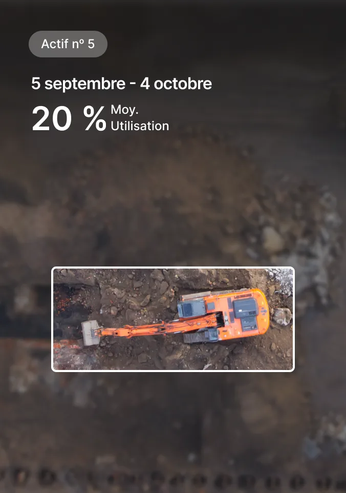 Pelle mécanique orange sur un chantier de construction avec données d'actif nᵒ 5 montrant utilisation moyenne