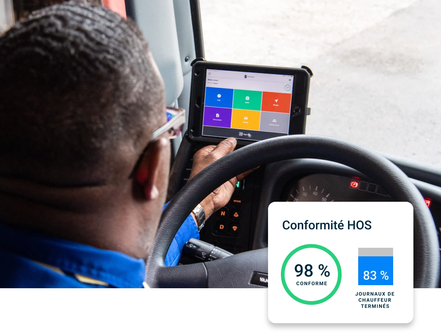 Chauffeur dans un camion regardant l'application mobile Samsara.  Superposition classement conformité heures de services.