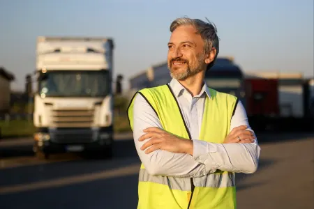 A smiling middle-aged man in a hi-vis vest stands with arms crossed in front of large lorries at a logistics depot.