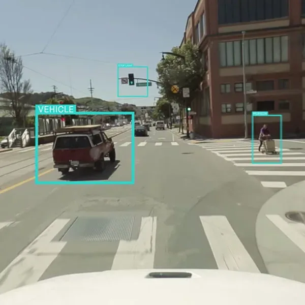 AI dash cam recognizing cars and pedestrians