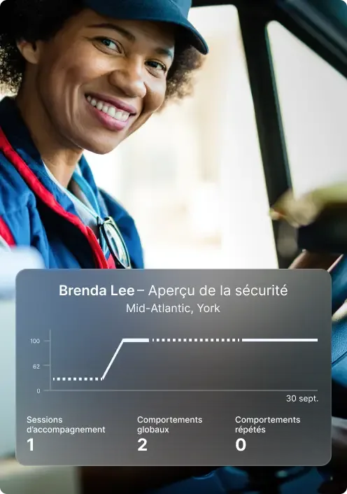 Chauffeur-livreur souriant devant tableau de bord sécurité, avec score parfait et indicateurs d’accompagnement.