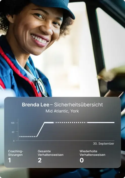 Lieferfahrer mit Kappe lächelt, während Dashboard zur Sicherheitsleistung perfekte Punktzahl und Coaching-Kennzahlen anzeigt.