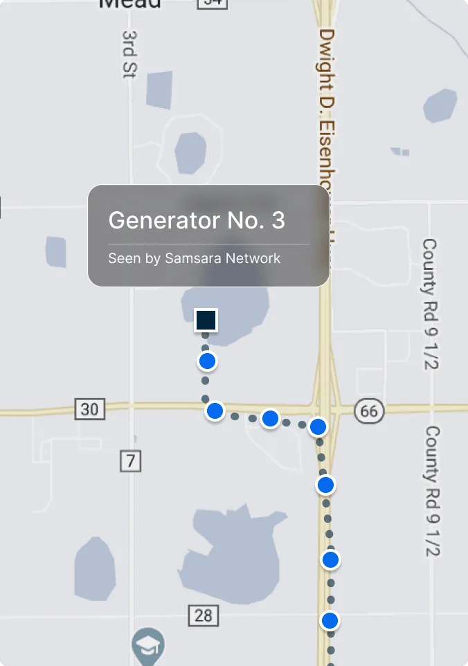 Map showing Generator #3 location with blue dots marking a route along roads near Dwight D. Eisenhower and County Rd 9 1/2.