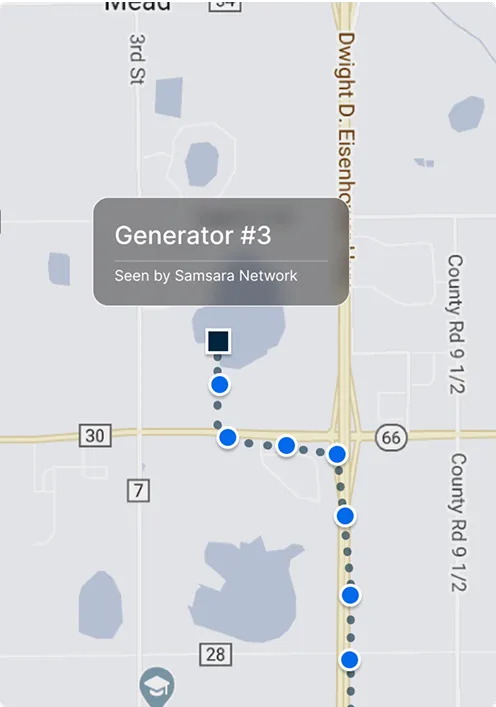 Map showing Generator #3 location with blue dots marking a route along roads near Dwight D. Eisenhower and County Rd 9 1/2.