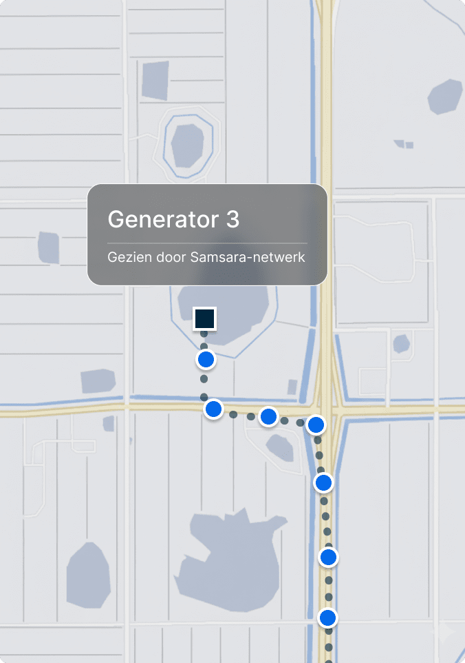 Kaart die de locatie van Generator nr. 3 toont, met blauwe stippen die een route markeren langs wegen nabij Dwight D. 