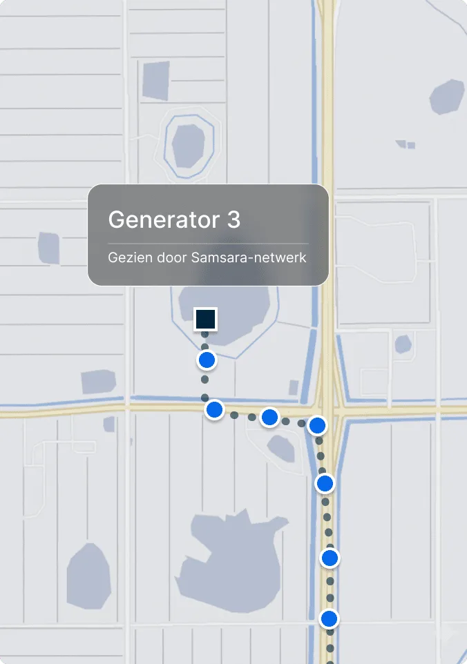 Kaart die de locatie van Generator nr. 3 toont, met blauwe stippen die een route markeren langs wegen nabij Dwight D.