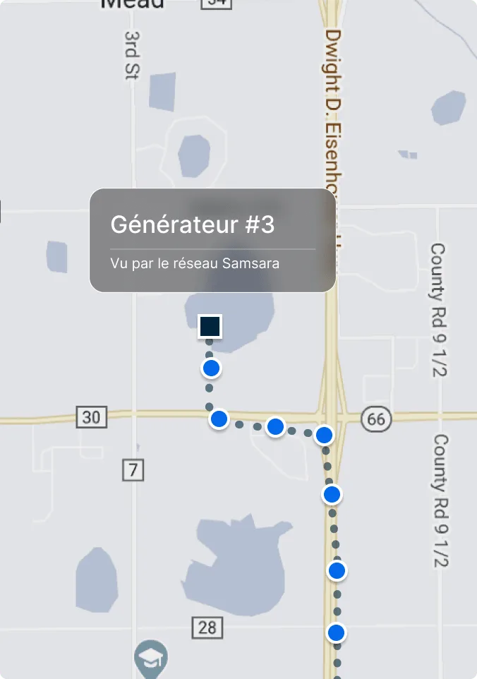 Carte de lieu du générateur 3 avec des points marquant un itinéraire sur les routes près de Eisenhower et de County Rd 9 1/2.