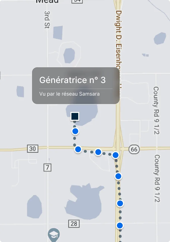 Karte, die den Ort von Generator Nr. 3 zeigt: blaue Punkte markieren eine Route entlang von Straßen.