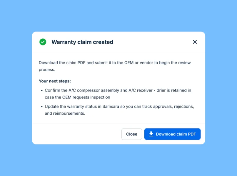 Samsara dashboard function showing a warranty claim created