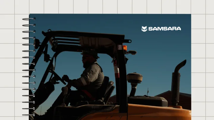 Samsara Safety Report cover with blue background featuring fleet vehicles, drivers, and safety monitoring technology.