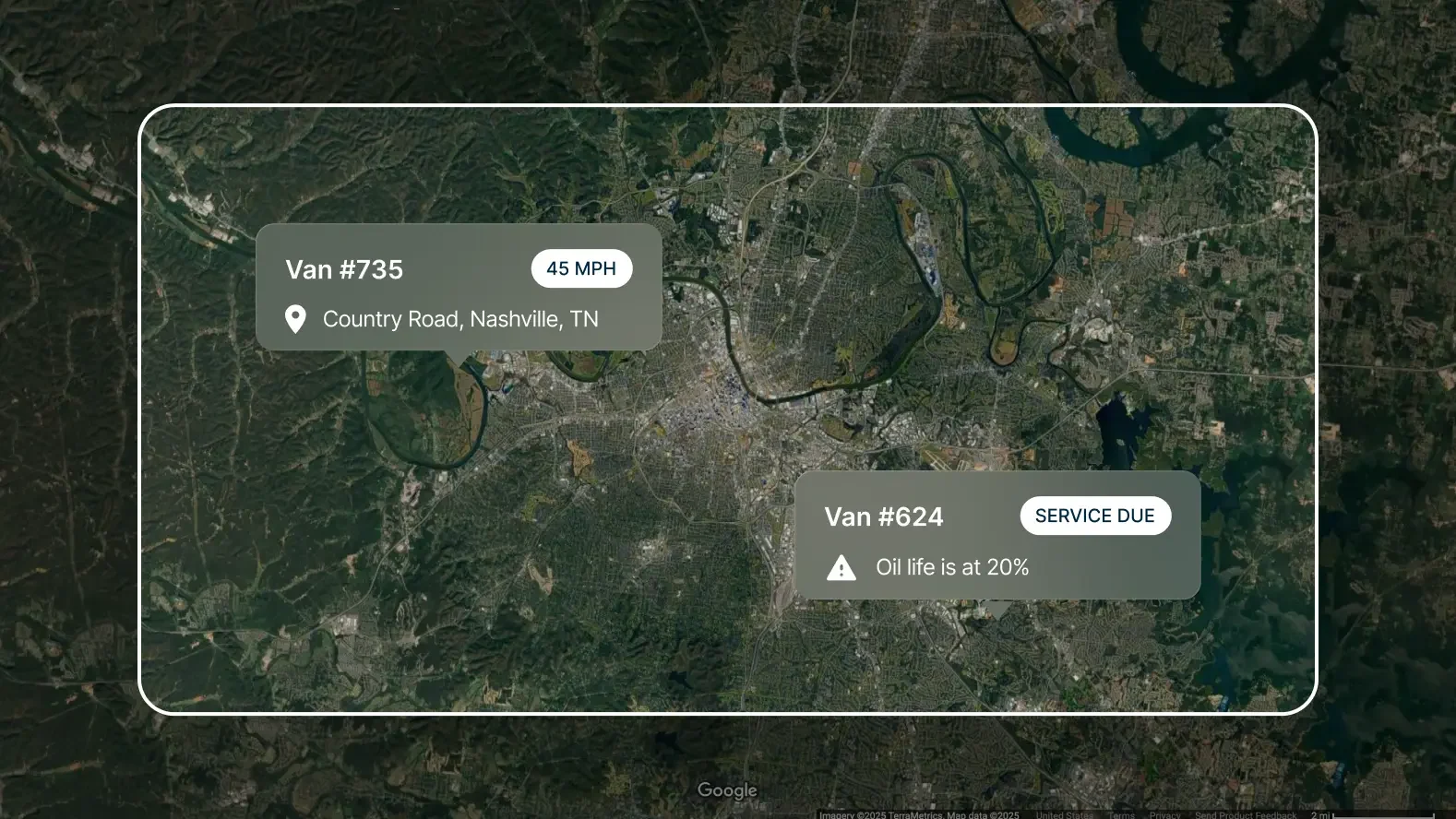 Satellite map showing two van locations in Nashville: Van #735 travelling at 45 mph and Van #624 needing service with low oil