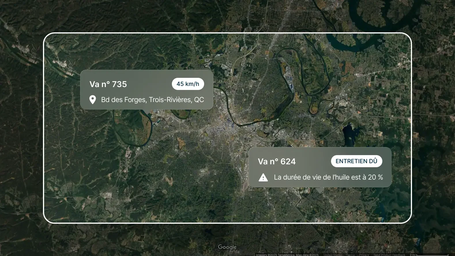 Carte satellite indiquant l'emplacement de deux fourgonnettes: n° 735 roule à 72 km/h et la fourgonnette n° 624.