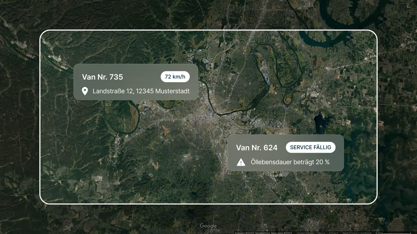 Satellitenkarte zeigt Standorte von 2 Vans in Nashville – Van Nr. 735 fährt mit 72 km/h und Van Nr. 624 benötigt Öl