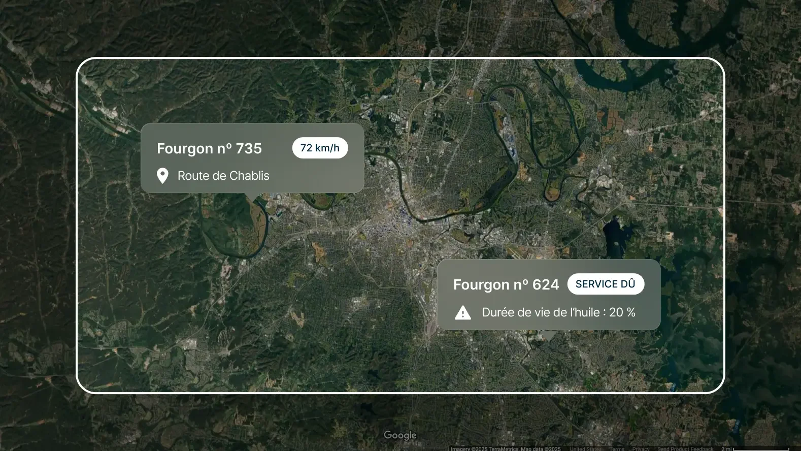 Carte satellite. 2 camionnettes à Nashville. La n°735 à 72 km/h, la n°624 avec un faible niveau d’huile pour intervention.