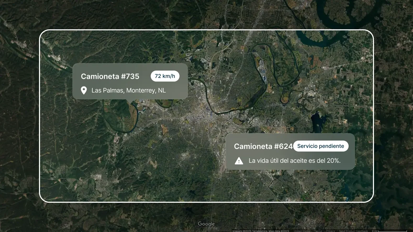 Mapa satelital con dos camionetas en Nashville: la 735 circula a 72 km/h y la 624 necesita servicio por bajo nivel de aceite.