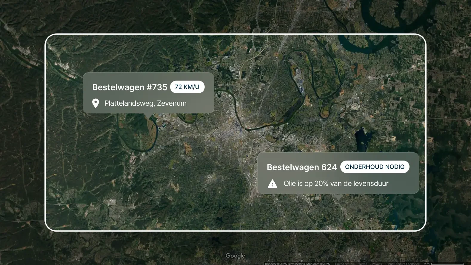 Satellietkaart waarop twee wagens in Nashville: wagen 735 rijdt 45 km/u en wagen 624 heeft onderhoud nodig vanwege oliepeil