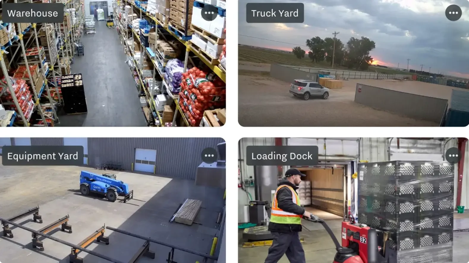 Four logistics facility views: warehouse with stocked shelves, truck yard , equipment yard with blue lift and worker at dock.