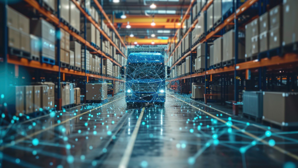 Ein digitaler LKW mit blauen Netzwerklinien fährt durch ein großes Lager mit Regalen voller Kartons.