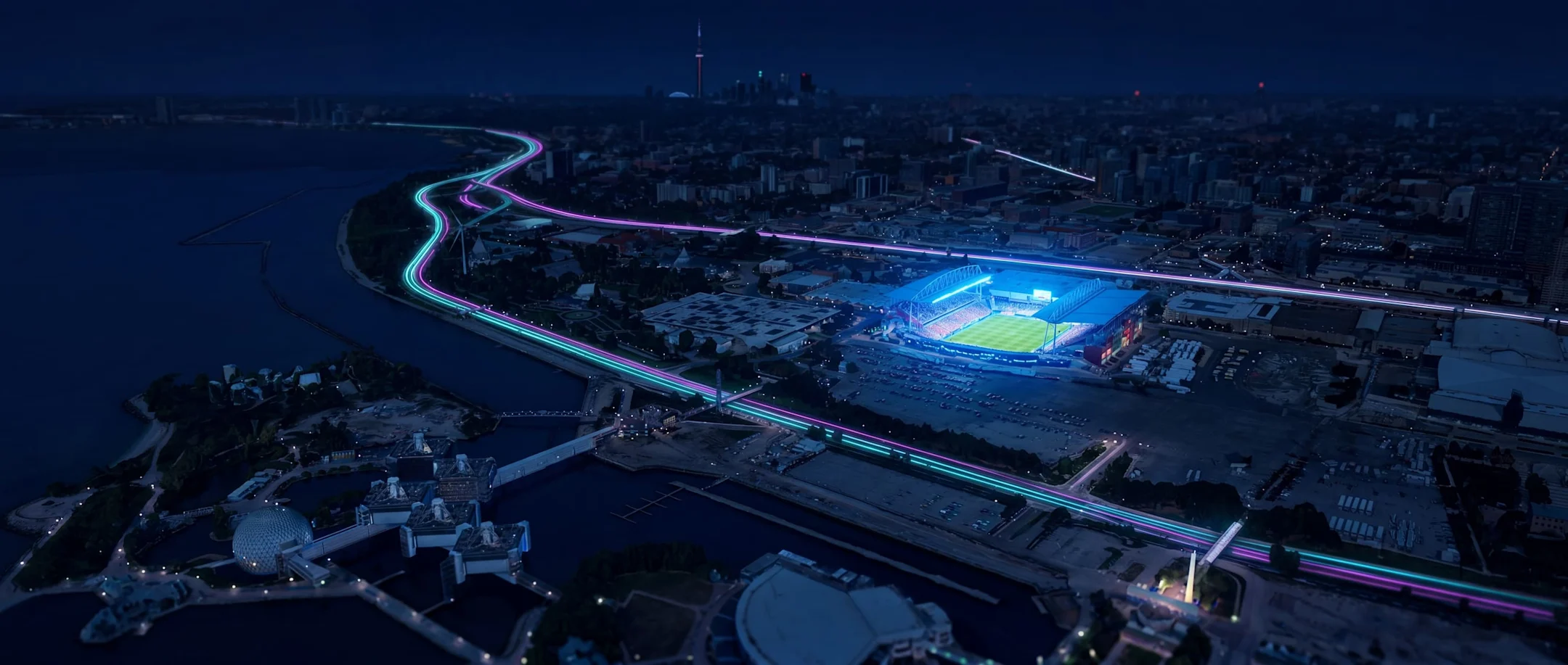 Aerial night view of Toronto with glowing teal and pink light trails weaving through the city towards a illuminated football stadium.