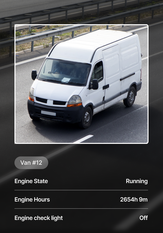 Vehicle monitoring data showing engine running for 2654 hours with no warning lights.