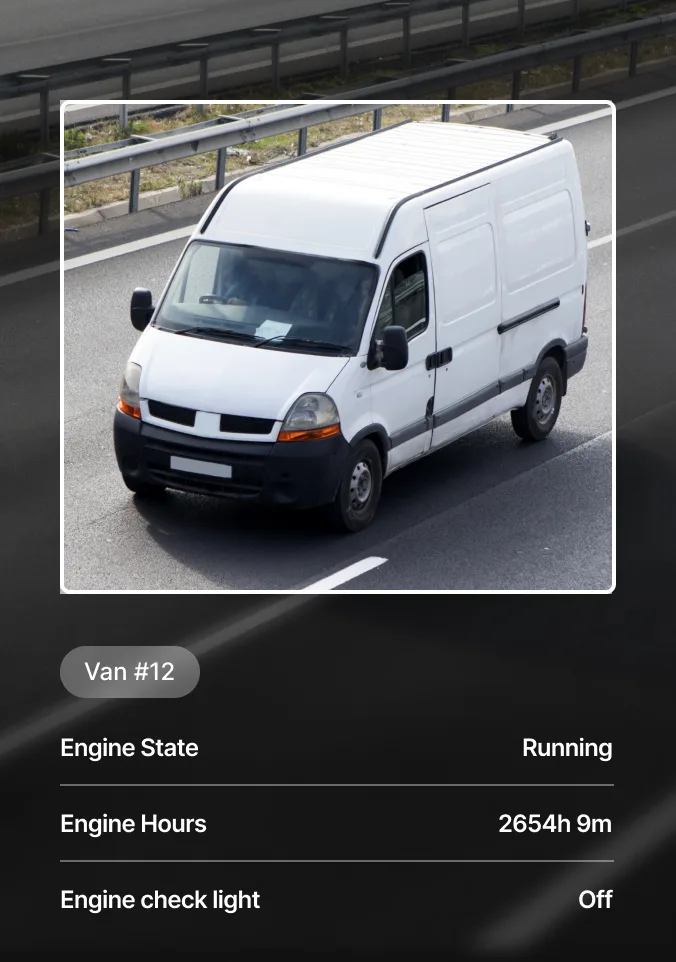 Vehicle monitoring data showing engine running for 2654 hours with no warning lights.