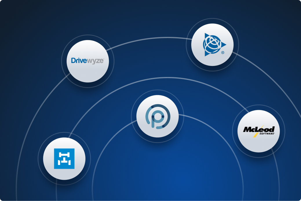 Network diagram showing five company logos including Drivewyze and McLeod Software